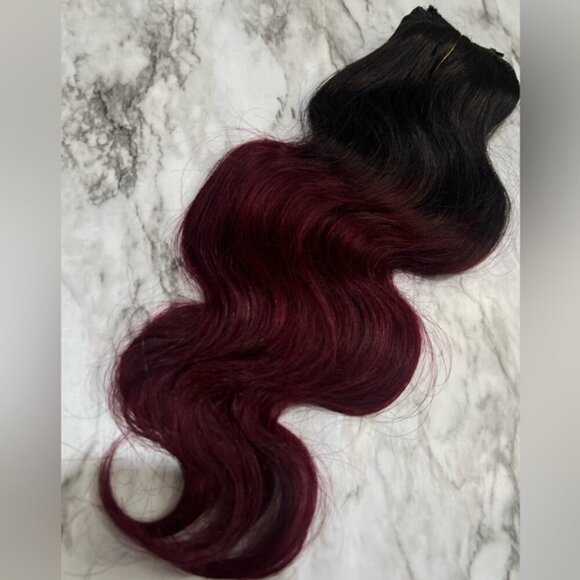 16 In Body Wave Ombre Black & Dark Red Clip in Hair Extensions Set - Picture 2 of 4